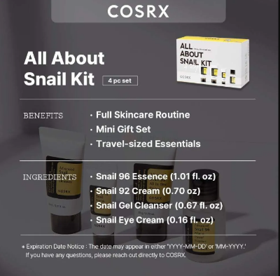 Picture of Cosrx All About Snail Kit 4 Step Gift Set for Dry Skin & Dark Spot (Advanced Snail Mucin Cleanser 20ml, Advanced Snail 96 Mucin Power Essence 30ml, Advanced Snail Peptide Eye Cream 5ml & Advanced Snail 92 All In One Cream 20g)