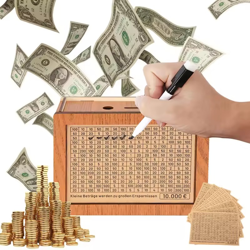 Picture of Wooden Money Box with Money Target and Numbers with Counter Crafts Portable Storage Case Money Saving Box for Adults Child