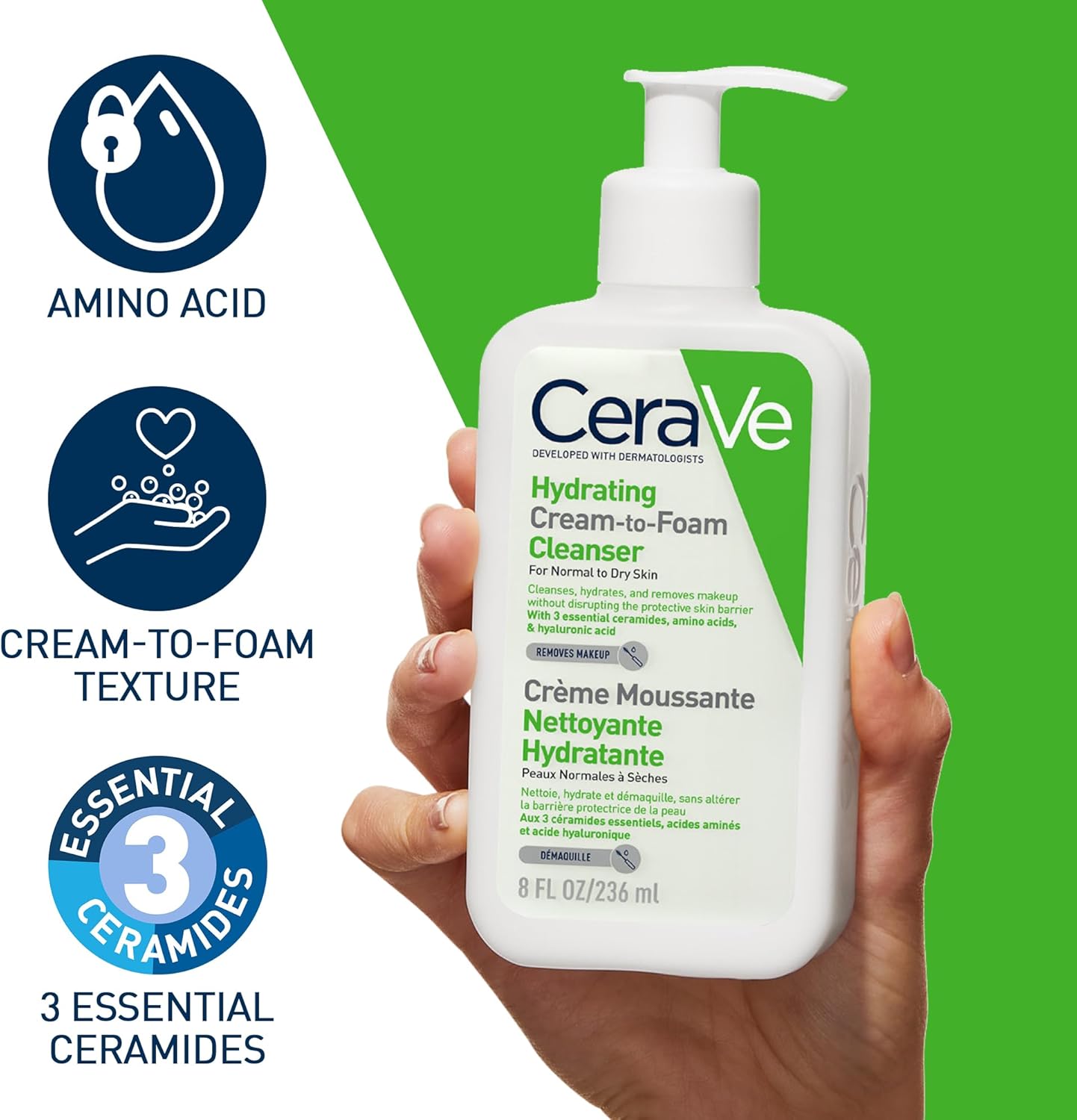 Picture of CeraVe Hydrating Cream-to-Foam Cleanser, Face, With 3 essential ceramides, amino acids & hyaluronic acid, For normal to dry sky, 236 ml/8 oz