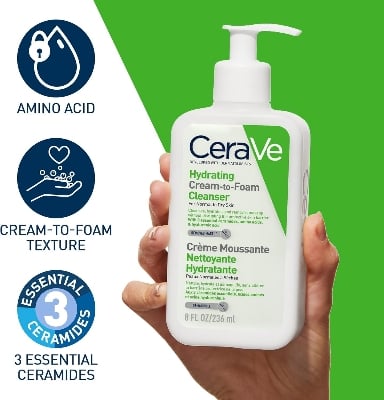 Picture of CeraVe Hydrating Cream-to-Foam Cleanser, Face, With 3 essential ceramides, amino acids & hyaluronic acid, For normal to dry sky, 236 ml/8 oz