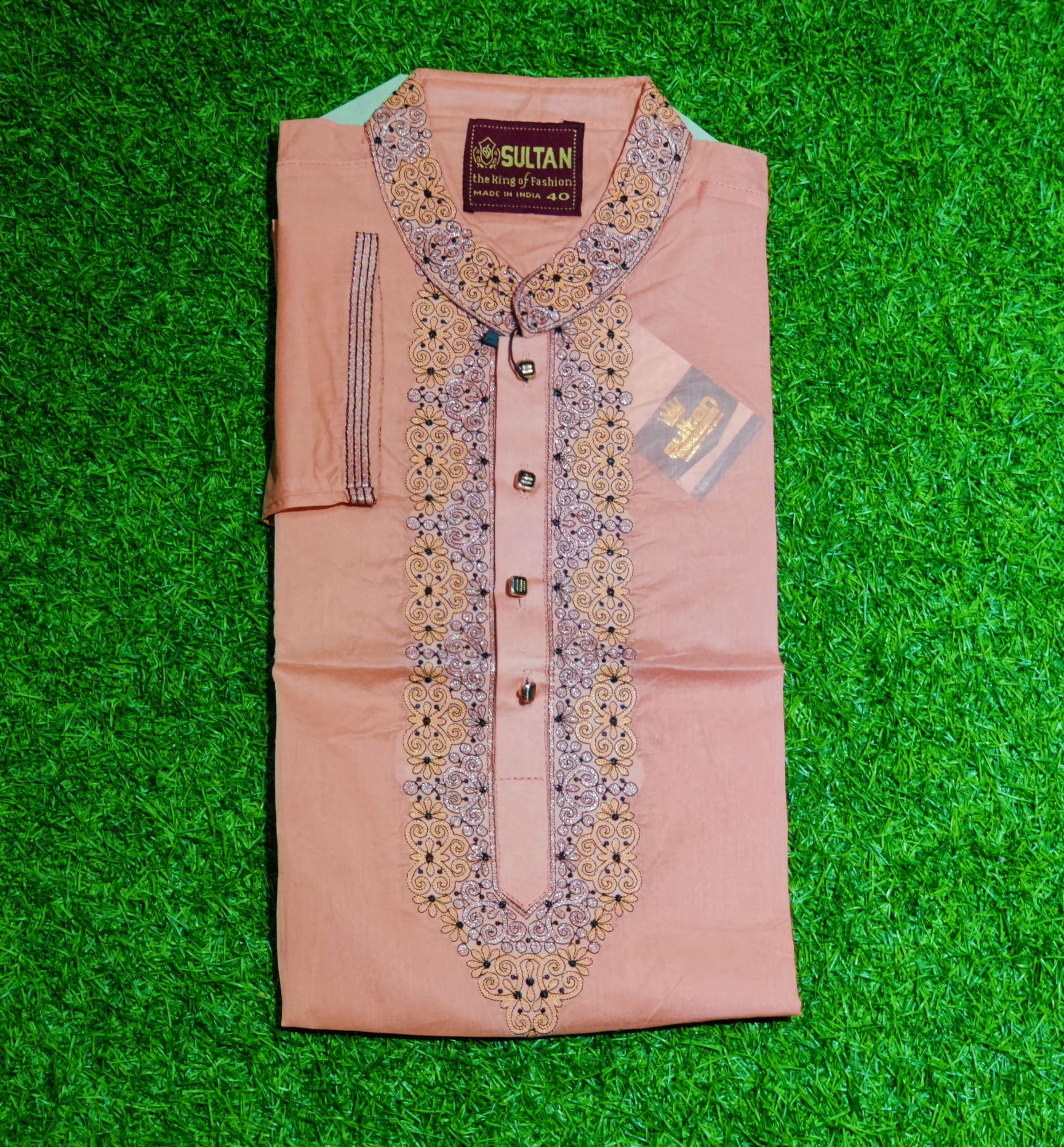 Picture of rongin dhuti eid spical 2025 High Quality indian cotton Ambrodari Green Colour Premium Semilong Fashionable Eid Special Panjabi - কাপল ড্রেস শাড়ি