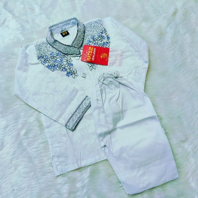Picture of White colour cotton baby ambrodari work panjabi set/ eid special panjabi for baby
