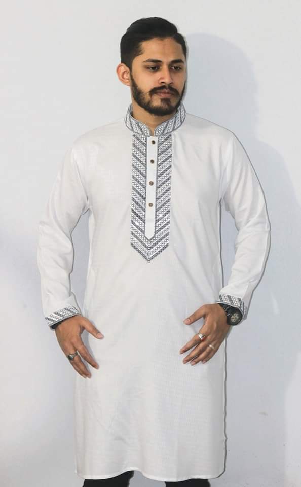 Picture of Mens Red colour and white colour Secuance work High quality Durgah Puja special panjabi