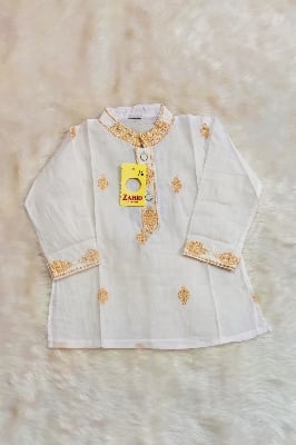 Picture of new bron baby dhuti febric pure cotton full body ambrodary work white colour panjabi