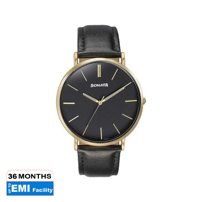 Picture of Sonata Quartz Multifunction Golden Dial Brown Leather Strap Watch For Men