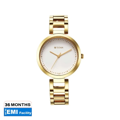 Picture of Titan 2480Ym03 Workwear Quartz Analog White Dial Golden Stainless Steel Strap Watch For Women