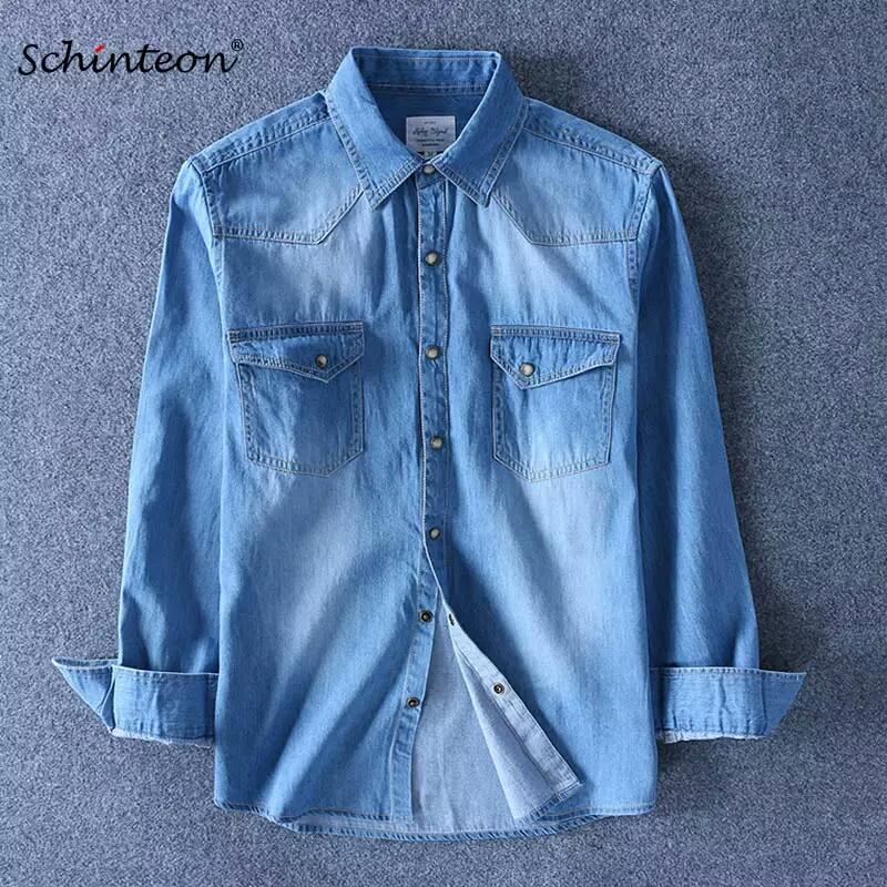 Picture of New Fashionable Casual Long Sleeve Denim Jeans Shirt For Men Blue
