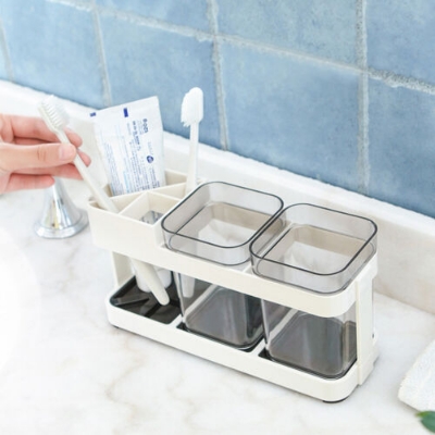 Picture of 2 CUPS With 1 TOOTHBRUSH HOLDER STAND TOOTHPASTE STORAGE RACK REMOVABEL STORAGE ORGANIZER White