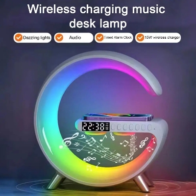 Picture of Wireless Charging Light Up Speaker G Shape LED Wireless Table Speaker Color Changing Alarm Clock Charger Stand Bedside Light (Charging only For Iphone) 