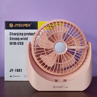 Picture of JYSUPER JY-1881 Rechargeable 8'' Desk Fan – Strong Wind, Up-Down Adjustable with LED Light Multicolor