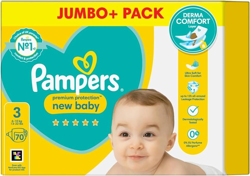 Picture of Pampers Premium Protection New Baby Size 3, 70 Nappies, 6kg - 10kg, Jumbo+ Pack UK