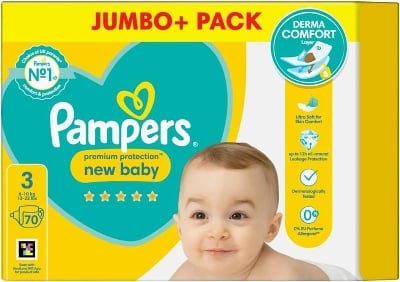 Picture of Pampers Premium Protection New Baby Size 3, 70 Nappies, 6kg - 10kg, Jumbo+ Pack UK