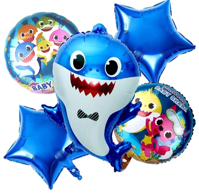 Picture of 5pcs Baby Shark Theme Birthday Decoration Items with Star Foil Balloons, Shark Foil Balloon - Blue