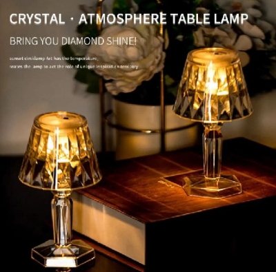 Picture of Led Diamond Table lamp/ Night Lights Crystal Projection Desk Lamps/LED Mini Table Lamp Warm White Crystal Look Conical/12 cm Small Modern Decorative Table Lamp Battery Operated Decorativ - White