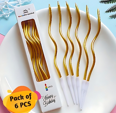 Picture of Spiral Twisty Gold Long Stick Metallic Candle for Birthday, Wedding Party, and Cake Decoration - (Pack of 06 Pcs) - Gold