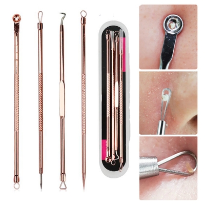 Picture of 4pcs Professional Pimple Popper Tool Kit Set With Comedone Extractor, Milia Removal Tool, Blackhead Tweezers, And Whitehead Remover Tool, Spot Treatment Acne Set - Black Head Remover