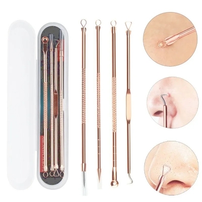Picture of 4pcs Professional Pimple Popper Tool Kit Set With Comedone Extractor, Milia Removal Tool, Blackhead Tweezers, And Whitehead Remover Tool, Spot Treatment Acne Set - Black Head Remover