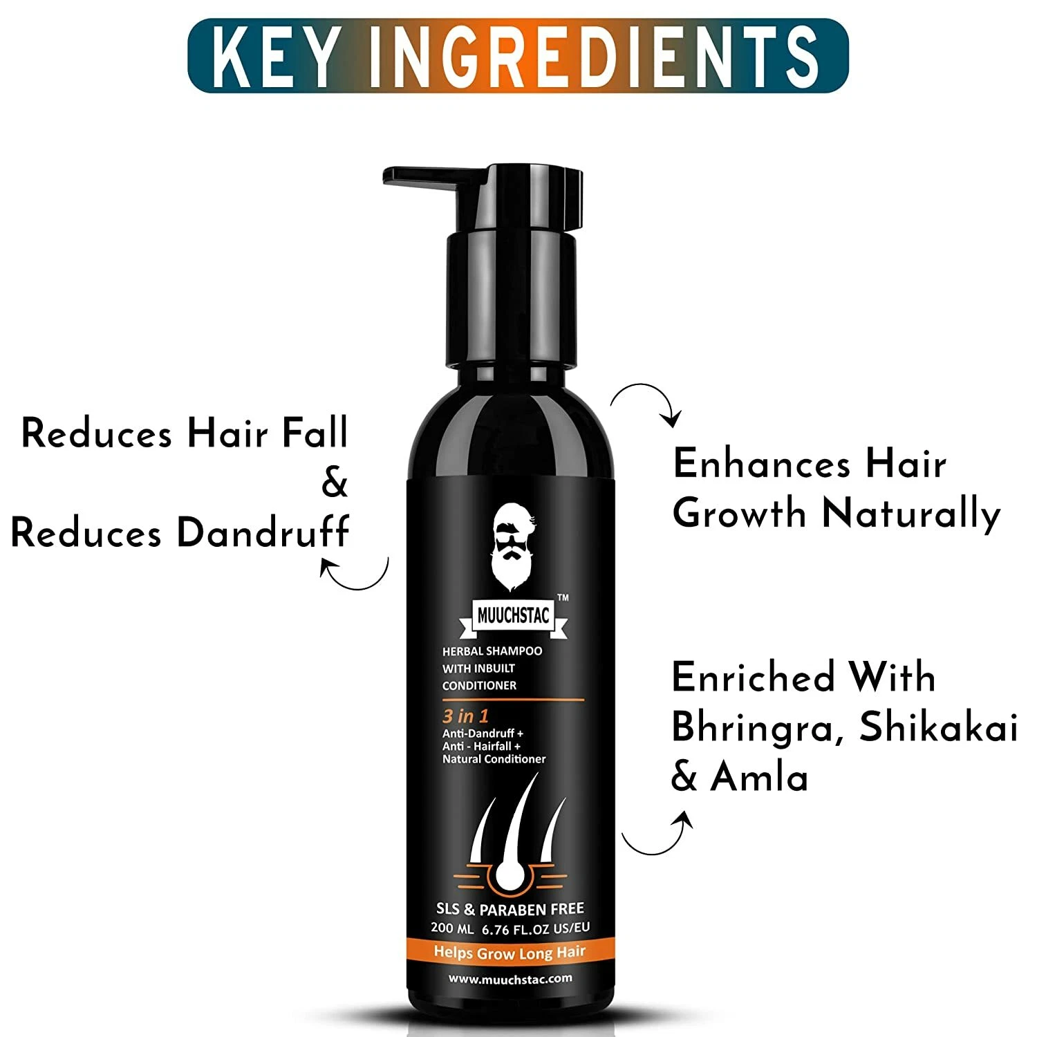 Picture of Muuchstac Herbal Shampoo with Inbuilt Conditioner, Anti dandruff & Anti Hairfall - 200ml