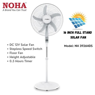 Picture of Noha 16 inch Full Stand Solar Fan, 12v DC, Model: NH 3926HDS, DC fan White