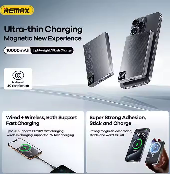 Picture of REMAX MP-6 Magnetic 15W Wireless Charging & PD20W Fast Charging Ultra Slim Digital Display Portable 10000mAh Power Bank- Black
