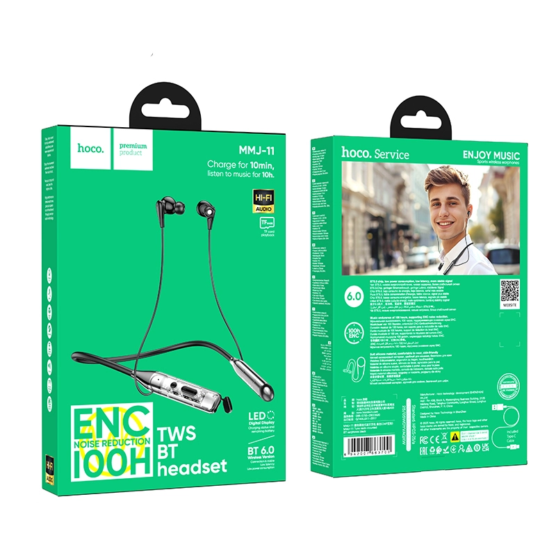 Picture of Hoco MMJ-11 Nothing Series 100 Hours Music Timing ENC Bluetooth Neckband Earphone - Black
