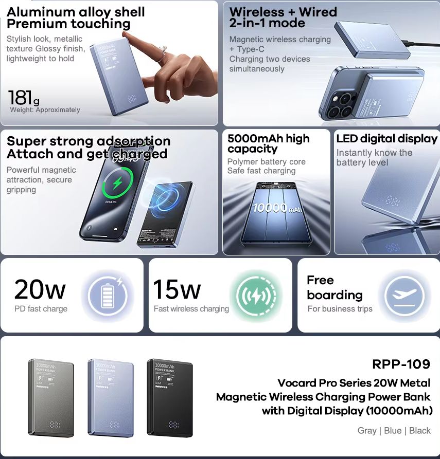Picture of REMAX RPP-109 Vocard Pro Metal Body Ultra Slim 20W PD Fast Charging Magnetic Wireless 10000mAh Power Bank - Black