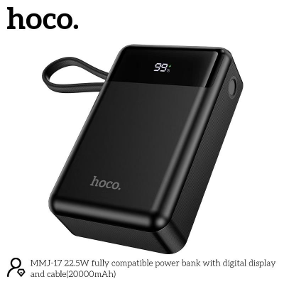 Picture of Hoco MMJ-17 Fully Compatible 22.5W Fast Charging 20000mAh Powerbank with Digital Display & 2 Built in Cable (Type-C & lightning) - Black