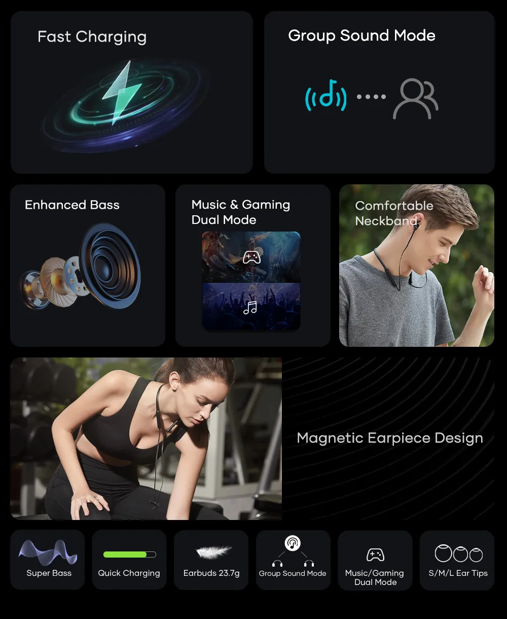 Picture of Wavefun Flex Pro Ultimate Quick Charging Bluetooth Earphone V5.3 Wireless Headphones Neckband Stereo Earbuds TWS Mode with Mic