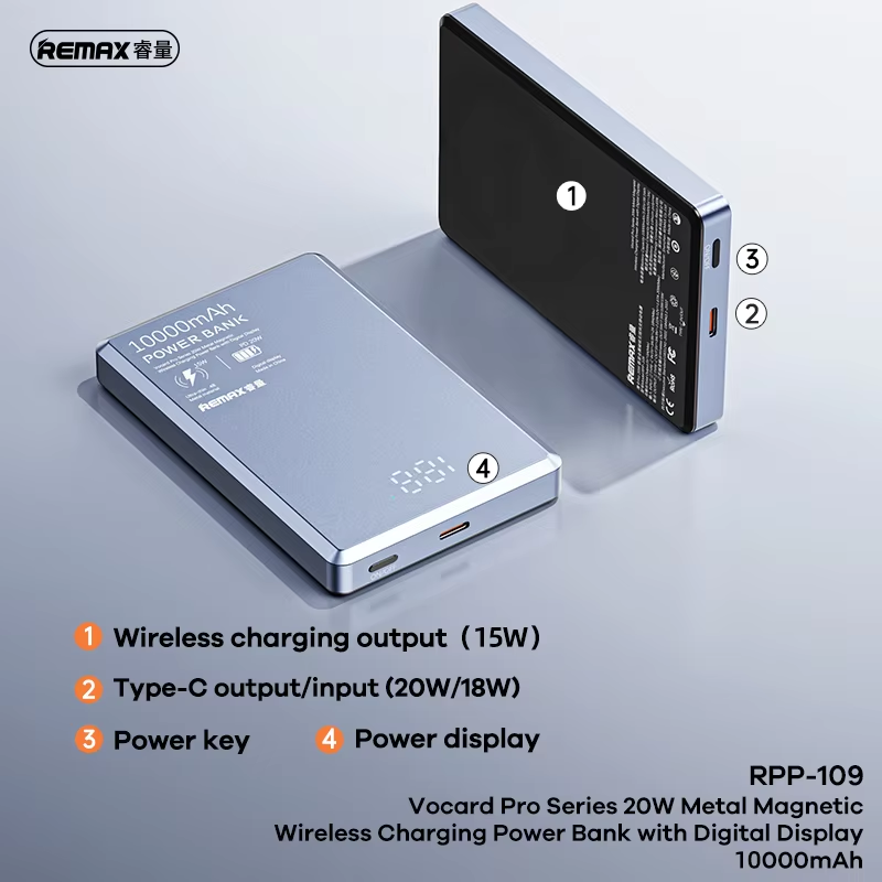 Picture of REMAX RPP-109 20W Ultra-Slim Metal Magnatic Wireless 10000mAh Power Bank