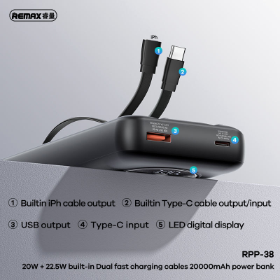 Picture of REMAX RPP-38 20W+22.5W Built-in Dual Fast Charging Cables 20000mAh Power Bank
