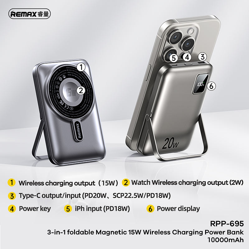 Picture of REMAX RPP-695 20W Magnetic (3 in 1) 15W Wireless Charging 10000mAh Power Bank with Foldable Holder & Cable
