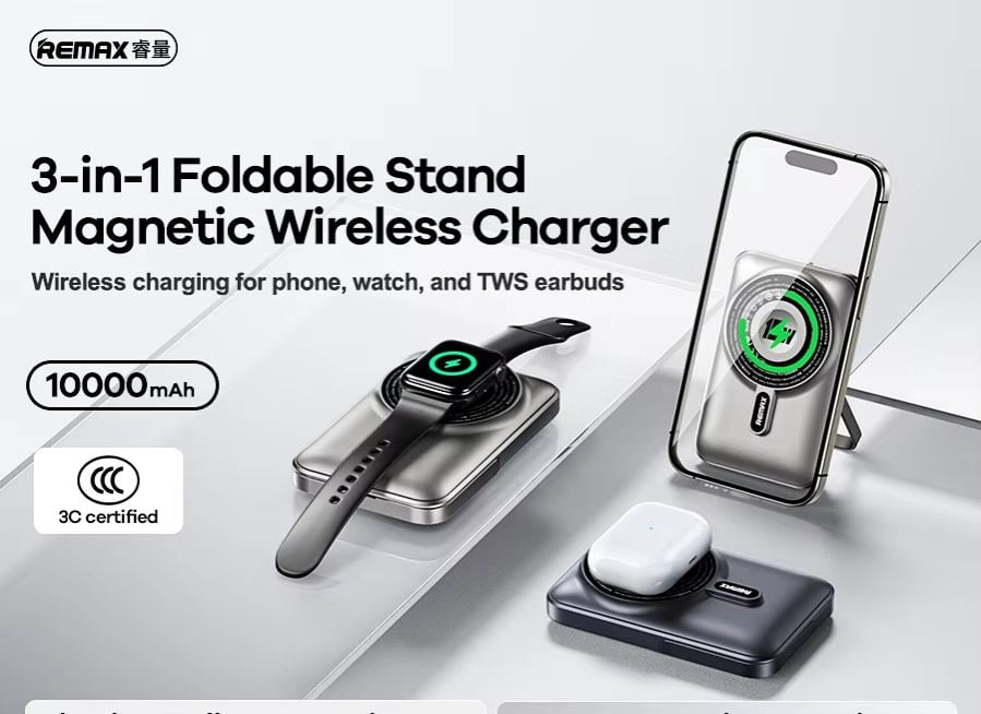 Picture of REMAX RPP-695 20W Magnetic (3 in 1) 15W Wireless Charging 10000mAh Power Bank with Foldable Holder & Cable