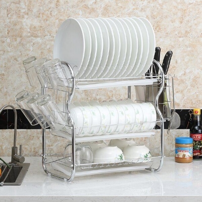 Picture of 3 Layer Dish Drainer Rack Stainless Steel BINCA HIgh-Quality Kitchen Organizer Stainless Steel Dish Rack Silver