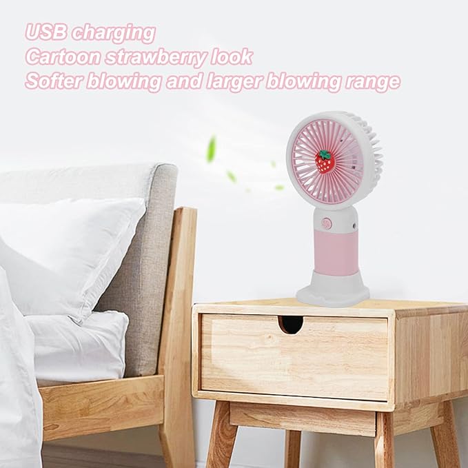 Picture of Summer Mini Fan  Mini Handheld Fan, USB Rechargeable Cartoon Strawberry Look Portable Fan with Removable Base for Home Office Outdoor Pink
