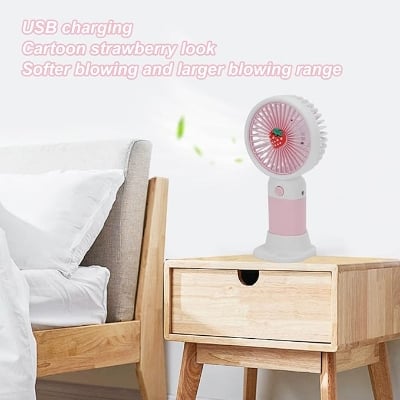 Picture of Summer Mini Fan  Mini Handheld Fan, USB Rechargeable Cartoon Strawberry Look Portable Fan with Removable Base for Home Office Outdoor Pink