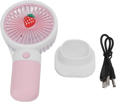 Picture of Summer Mini Fan  Mini Handheld Fan, USB Rechargeable Cartoon Strawberry Look Portable Fan with Removable Base for Home Office Outdoor Pink