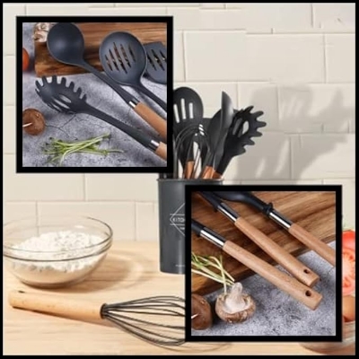 Picture of Silicone Cooking Utensil Set,12pcs Silicone Cooking Kitchen Utensils Set, Best Kitchen Cookware Wooden Handle, Black Kitchen Utensils Set, Utensils Set Black Handle, Silicone Utensils Set 12x16cm Black