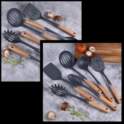 Picture of Silicone Cooking Utensil Set,12pcs Silicone Cooking Kitchen Utensils Set, Best Kitchen Cookware Wooden Handle, Black Kitchen Utensils Set, Utensils Set Black Handle, Silicone Utensils Set 12x16cm Black
