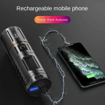 Picture of HIGH POWERED MULTI PURPOSE Zoomable Strong Light T40 LED Flashlight USB Rechargeable Ultra-Bright Torch High Power Lantern Built-in 3*18650 Lithium Batteries FLASHLIGHT Black