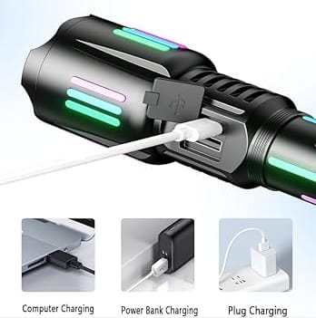 Picture of High brightness rechargeable flashlight, super bright waterproof long life tactical flashlight, 1.5km long beam, LCD power display, 5 modes, suitable for emergency, camping, hiking and so on. Black