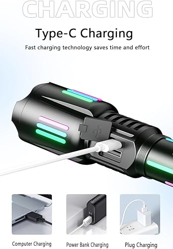 Picture of High brightness rechargeable flashlight, super bright waterproof long life tactical flashlight, 1.5km long beam, LCD power display, 5 modes, suitable for emergency, camping, hiking and so on. Black