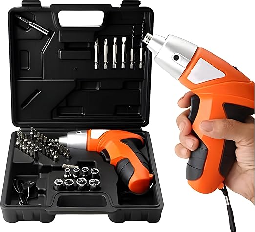 Picture of Cordless Power Screwdriver Kit Rechargeable Electric 45pcs Cordless Drill Sets with Bidirectional Button and LED Light Drilling and Keyless No Noise Cordless Screwdriver Orange/Black Black