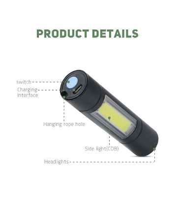 Picture of Rechargeable Flashlight Torch LED USB Portable Torches 4 Modes Mini Camping Lighting Black