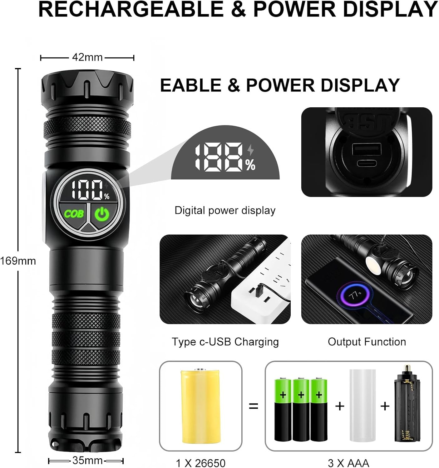 Picture of 3 in 1 Rechargeable Flashlight True 5000 Lumens Outdoor Strong Cob Light, 5000mAh Zoomable Beam LED Flash Light with Magnet Power Failure Emergency Survival Kits Snowstorm (Standard) Black