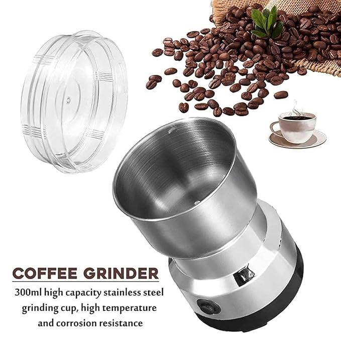 Picture of Nima Electric Spice & Coffee Bean Grinder. 4 Blade Stainless Steel Mini Mixer Grinder. Grinding for 'Dry Items' only. Suitable for Coffee Beans, Spices, Masala, Nuts & Grains Silver