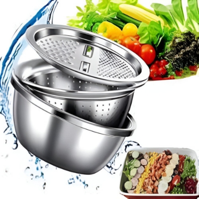 Picture of Stainless Steel 3 in 1 Kitchen Multipurpose Kitchen Bowl,Drain Basket,Graters for Vegetable,Fruit Cutter,Grater Kitchen Mesh Strainers [Total 3 Piece] (Strainer+Bowl+Chopper)26CM Silver