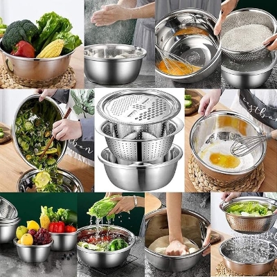 Picture of Stainless Steel 3 in 1 Kitchen Multipurpose Kitchen Bowl,Drain Basket,Graters for Vegetable,Fruit Cutter,Grater Kitchen Mesh Strainers [Total 3 Piece] (Strainer+Bowl+Chopper)26CM Silver