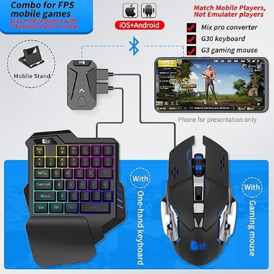 Picture of 5 IN 1 Gaeirt One Hand Gaming Keyboard and Mouse Set, PUBG 35 Keys Wired Keyboard and Gaming Mouse with RGB Backlight, Phone Support, Keyboard and Mouse Adapter, Game Converter 