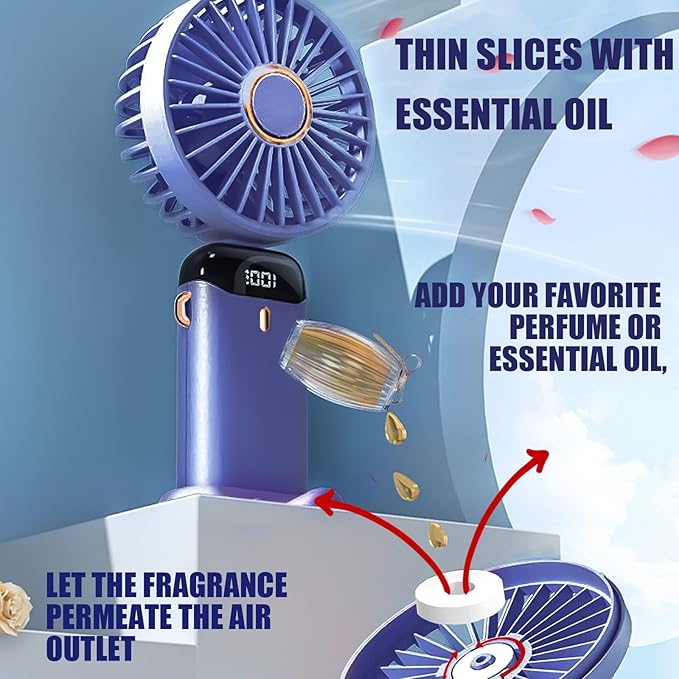 Picture of Hand Held Fan,Portable Handheld USB Rechargeable Fans with 5 Speeds,Battery Operated Mini Fan Foldable Desk Desktop Fans with LED Display for Home Office Bedroom Outdoor Travel (BLUE)