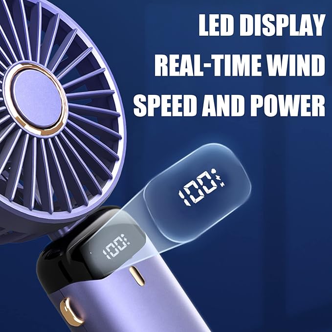 Picture of Hand Held Fan,Portable Handheld USB Rechargeable Fans with 5 Speeds,Battery Operated Mini Fan Foldable Desk Desktop Fans with LED Display for Home Office Bedroom Outdoor Travel (BLUE)